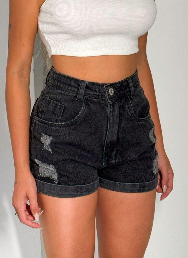 Short Jeans Feminino Com Bolso Preto Marmore Barra Dobrada