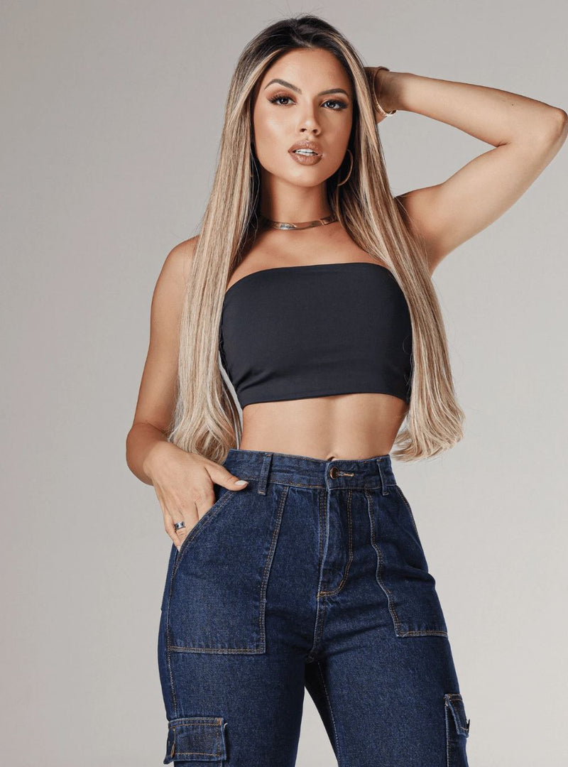 Calça Cargo Jeans Escuro Jogger Feminina
