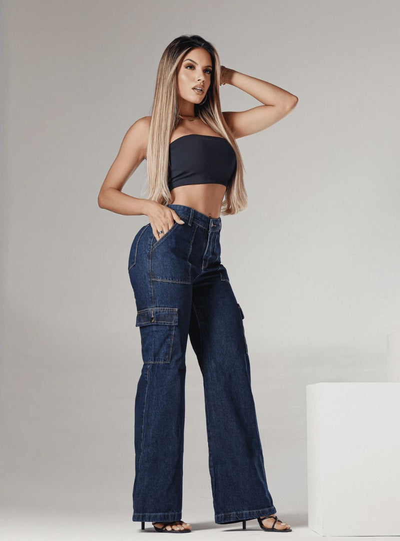 Calça Cargo Jeans Jogger Feminina Bolsos Laterais