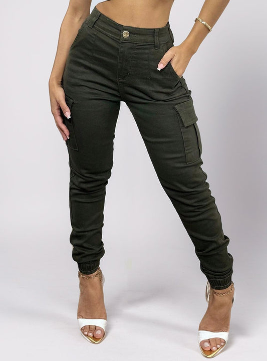 Calça Cargo Jeans Feminina Jogger Cintura Alta Levanta Bumbum Com Elastano