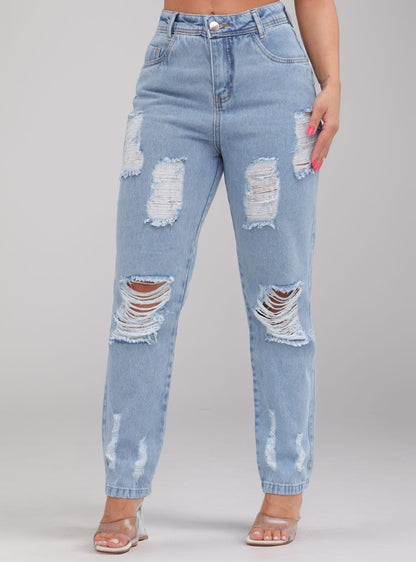 Calça Jeans Feminina Cintura Alta Casual Destroyed