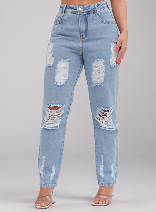 Calça Jeans Feminina Cintura Alta Casual Destroyed