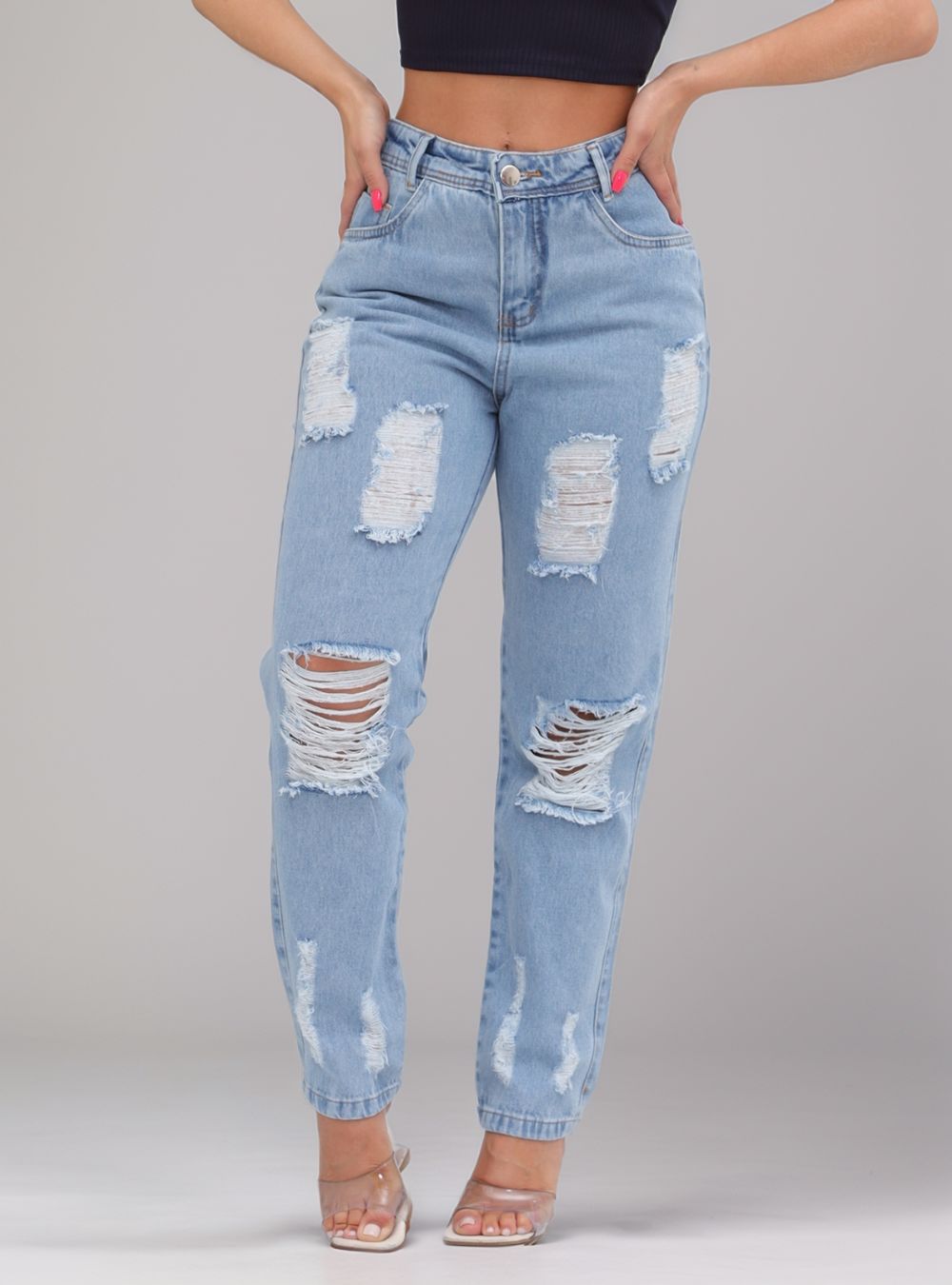 Calça Jeans Feminina Cintura Alta Casual Destroyed