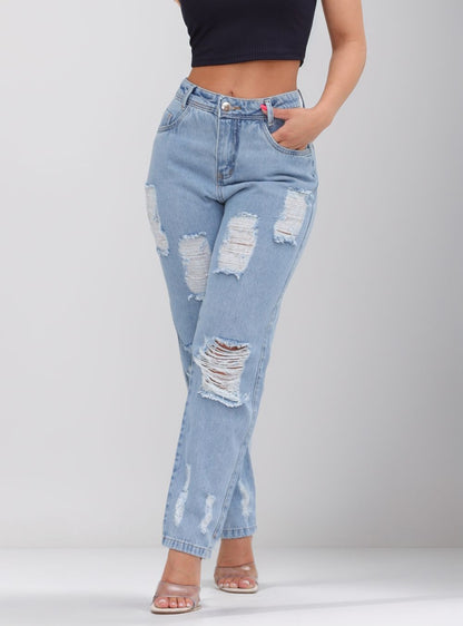 Calça Jeans Feminina Cintura Alta Casual Destroyed