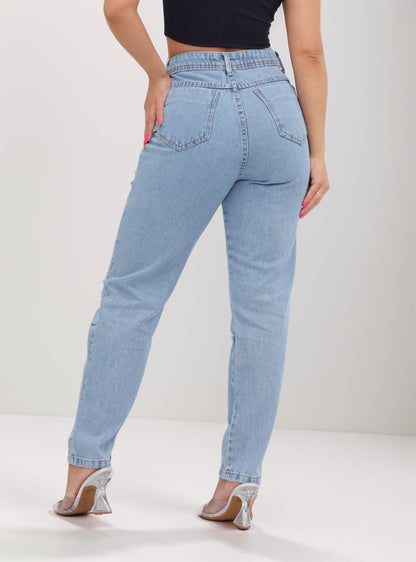 Calça Jeans Feminina Cintura Alta Casual Destroyed