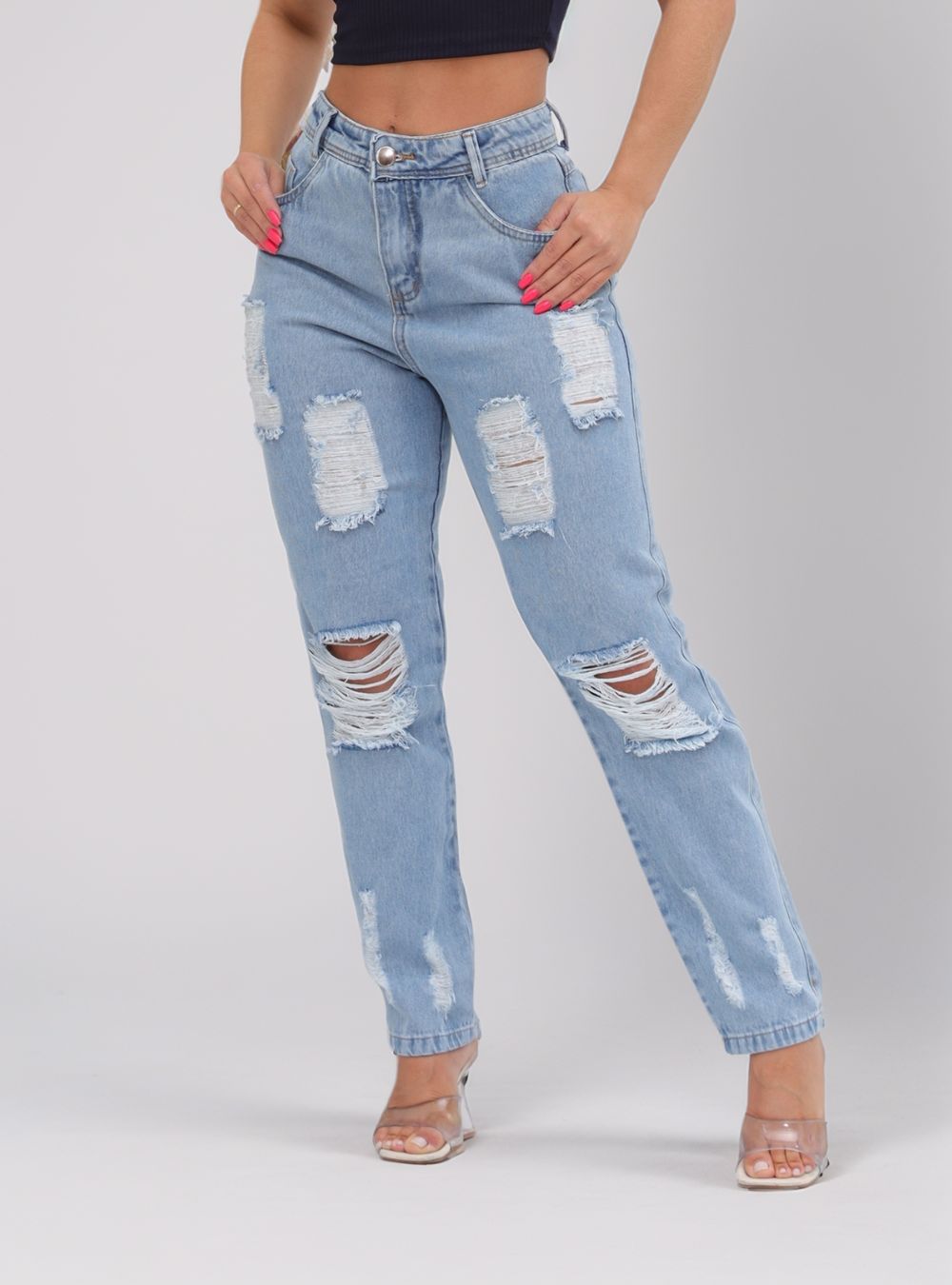 Calça Jeans Feminina Cintura Alta Casual Destroyed