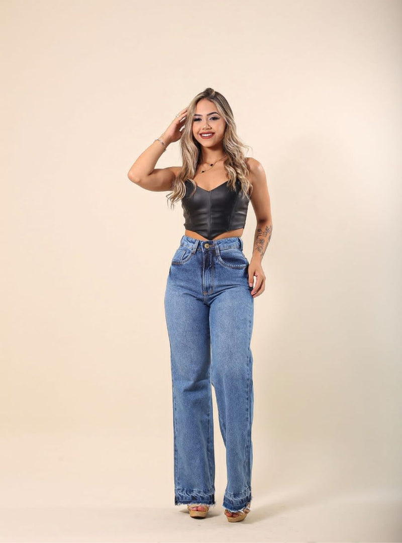 Calça Jeans Wide Leg Detalhe Na Barra