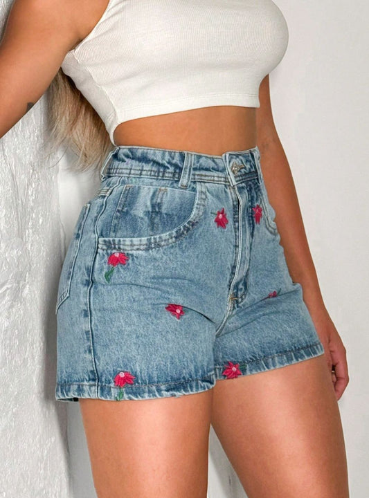 Shorts Jeans Feminino Bordado Com Bolso